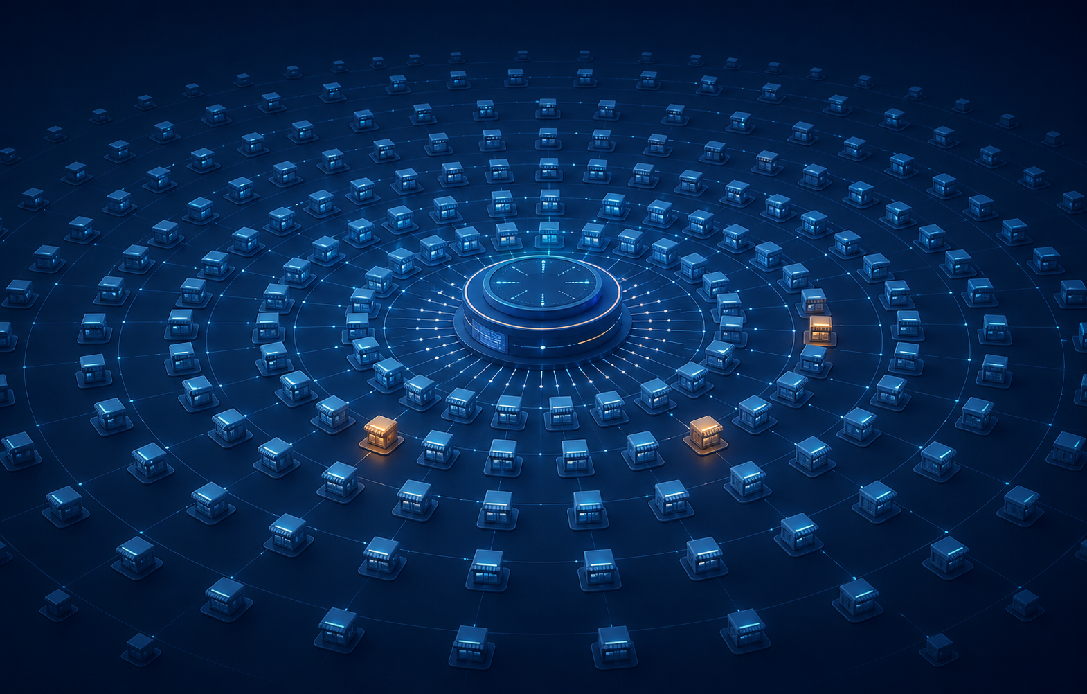 A central operations console connects to hundreds of orderly storefront-shaped account modules, with several modules highlighted for attention and unused capacity visible around the edge.