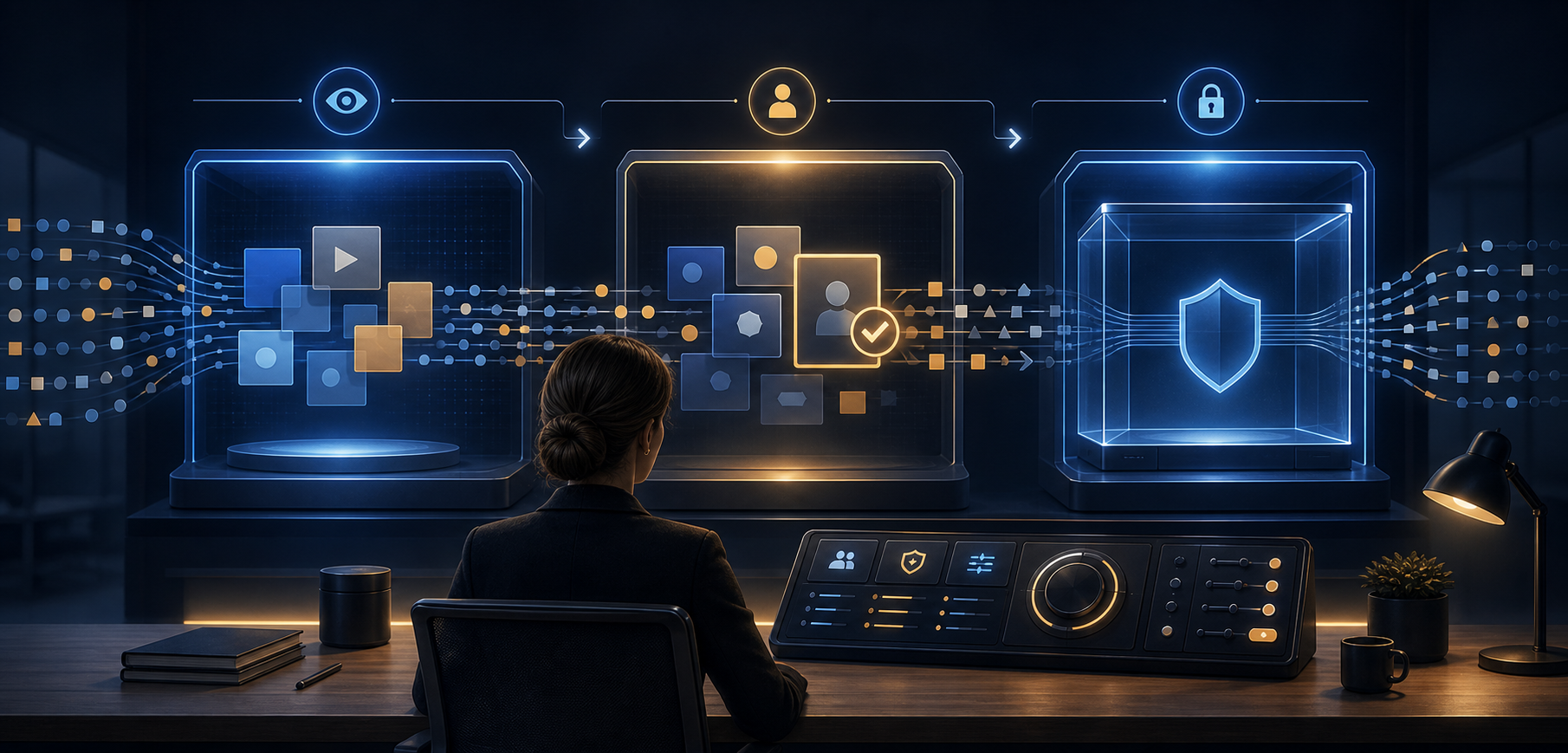 A marketing strategist monitors three connected workstations representing observation, recommendations, and controlled automated action in a digital advertising workflow.