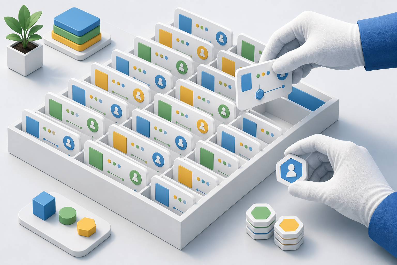 An organized modular registry holds rows of abstract merchant account cards while hands add a new card and verify an access token.