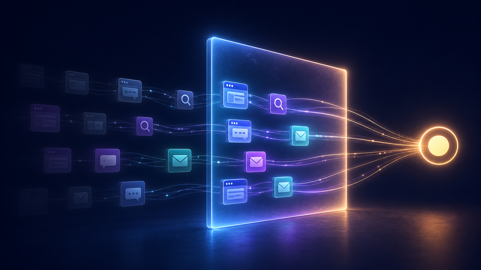 Abstract customer journey with glowing interactions inside a time window connected to a final conversion beacon, while older interactions fade beyond the cutoff.