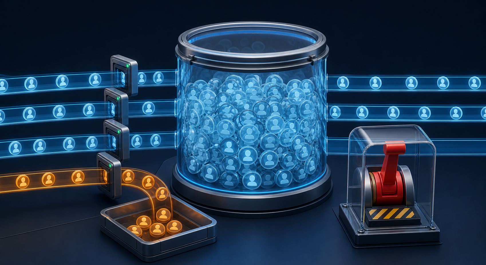 A translucent audience-data reservoir connects to validation gates that divert irregular profile tokens while a protected red release lever sits nearby.