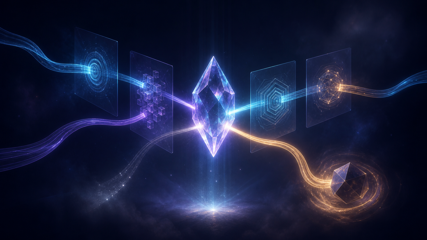 A faceted crystal is illuminated by several translucent pathways traveling through layered structures, while other pathways bend away or fade.
