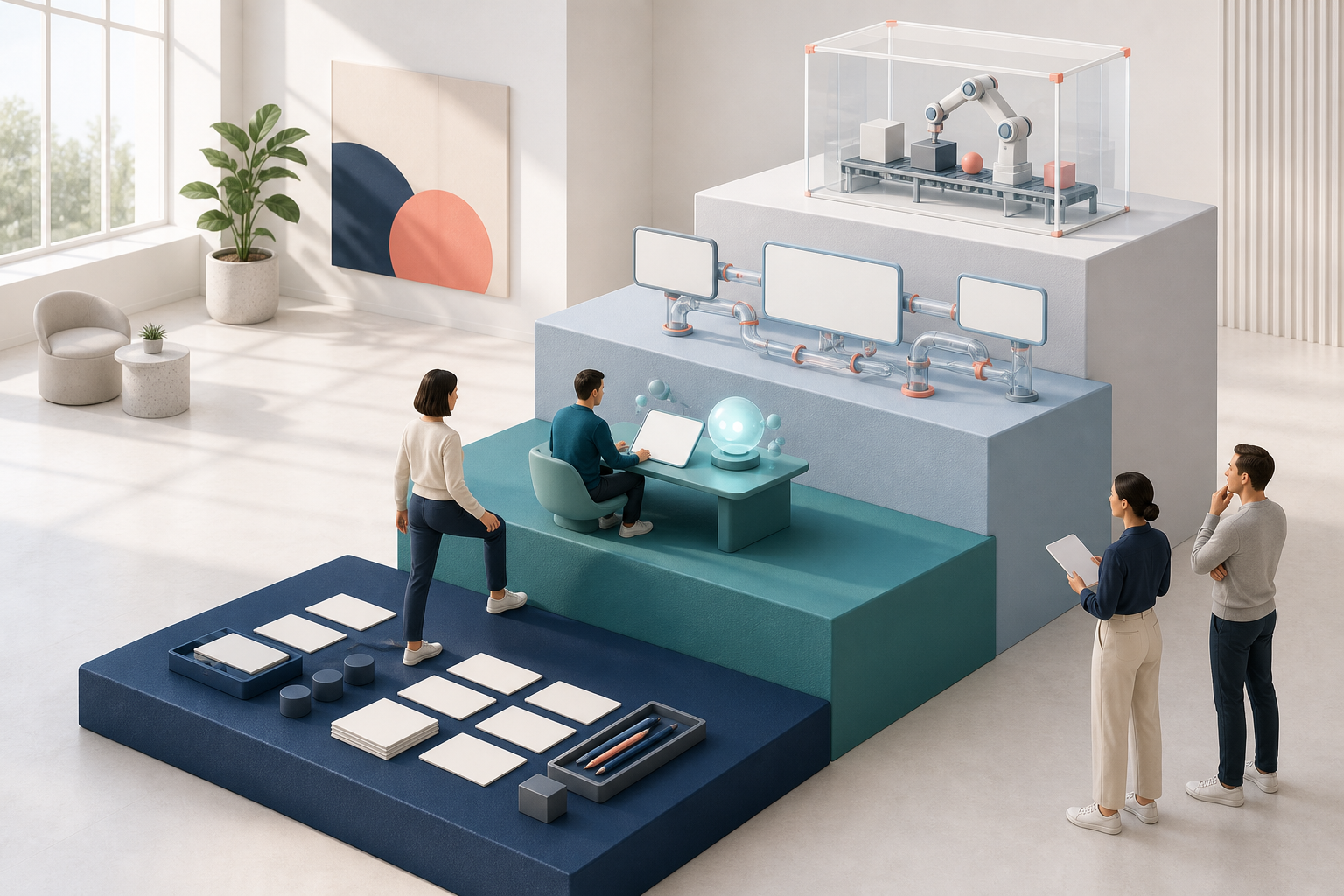 A person climbs four platforms that progress from a manual workflow to assisted analysis, connected monitoring, and enclosed automation.
