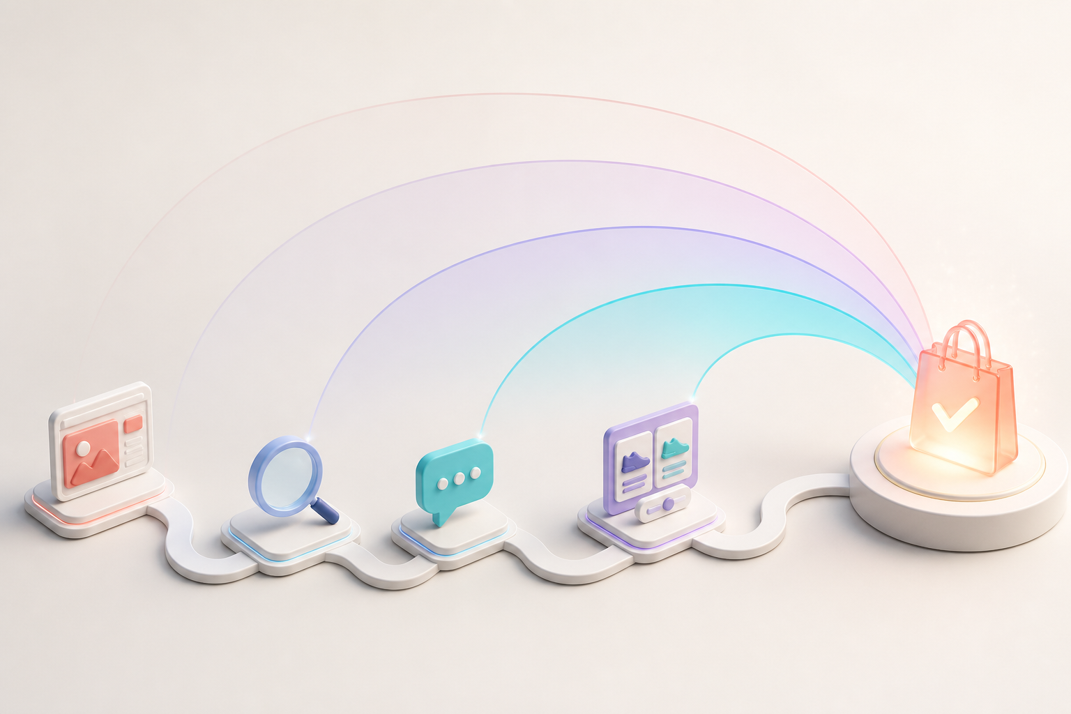 A conversion platform at the end of a winding customer path, with translucent arcs extending backward across several generic decision moments.