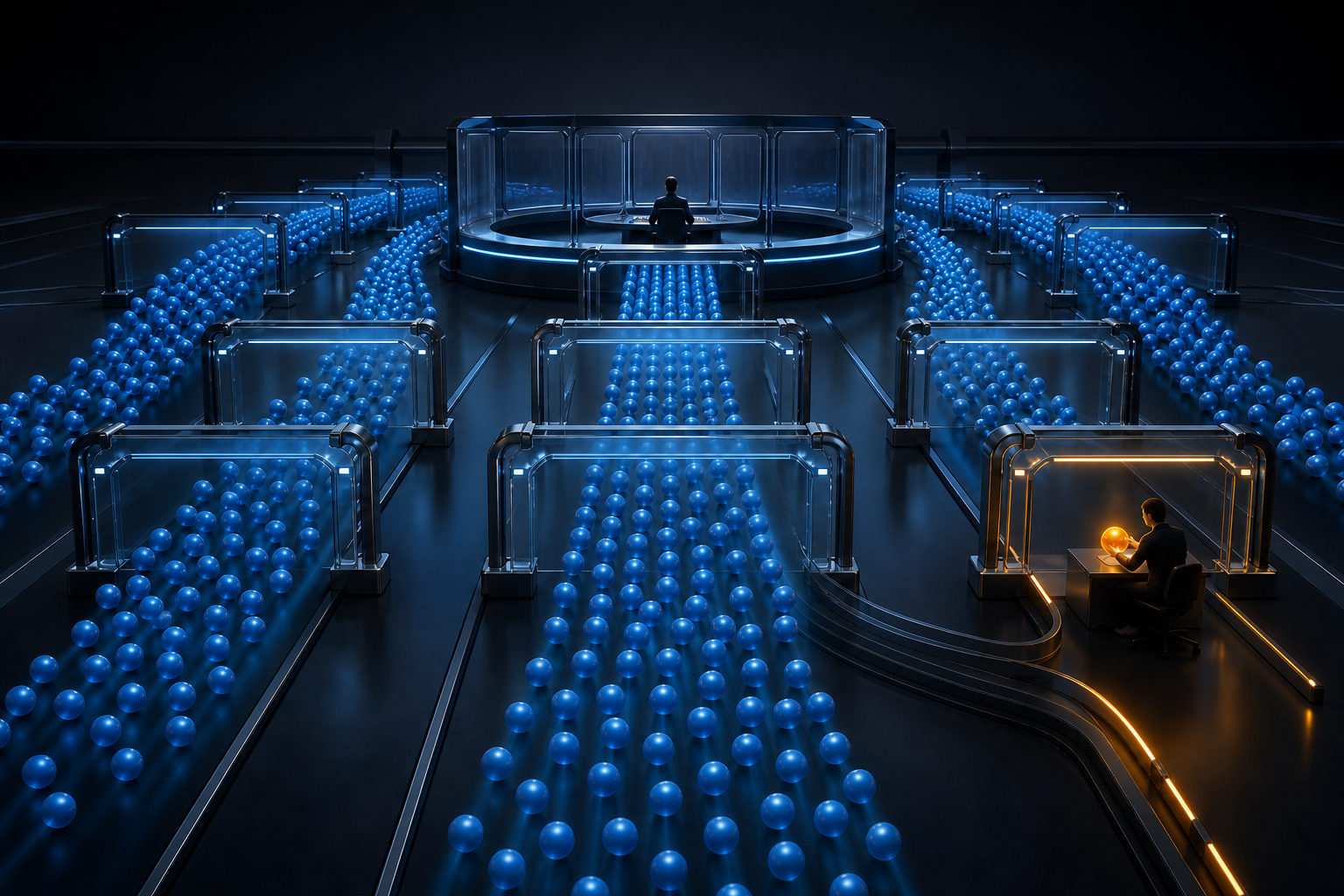 A large network of blue account nodes passes through control gates while one amber exception is diverted to an operator for review.