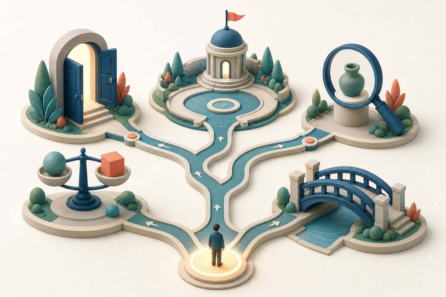 A person stands before branching paths that connect miniature scenes of discovery, comparison, evaluation, and selection.