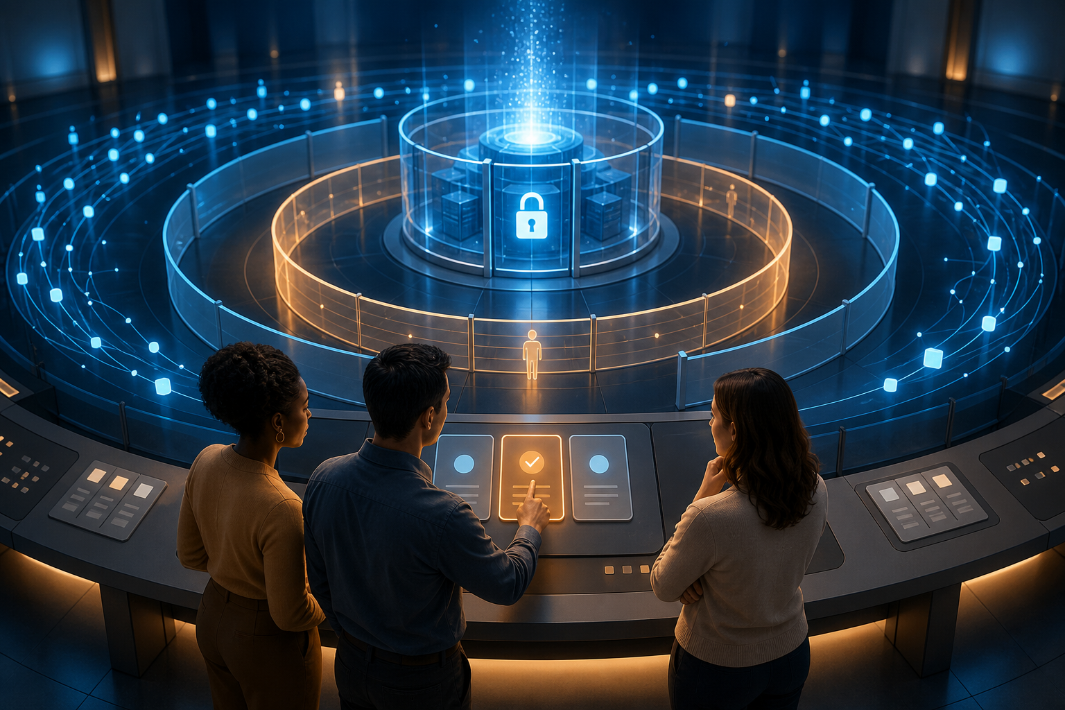 Three marketers review a proposed campaign change while layered permission zones protect automated budget controls.