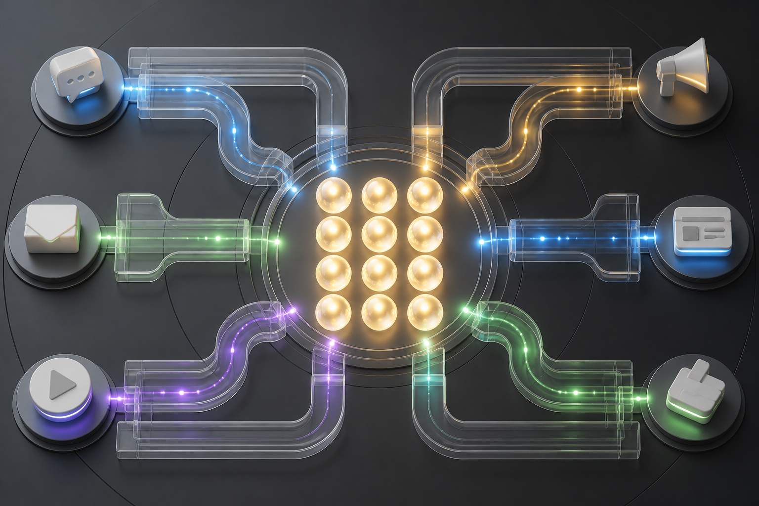 A fixed group of glowing conversion spheres surrounded by adjustable colored pathways that redistribute credit without changing the total number of outcomes.
