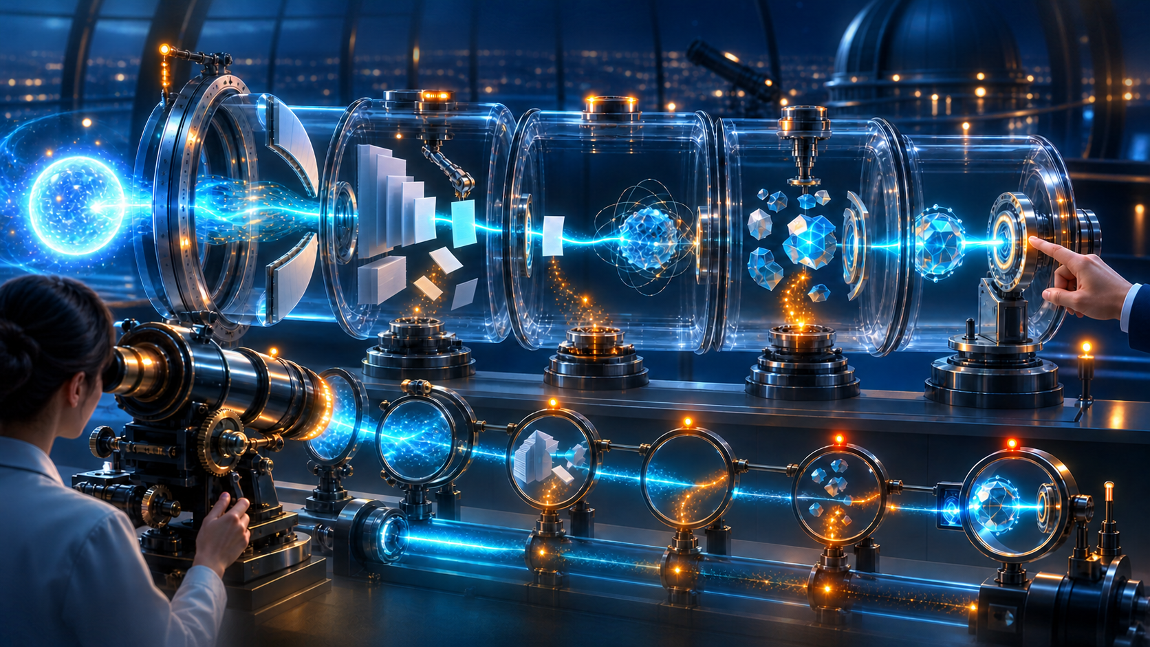 An analyst examines a transparent sequence of chambers in which a glowing signal passes through gates, documents, connections, and matching shapes.
