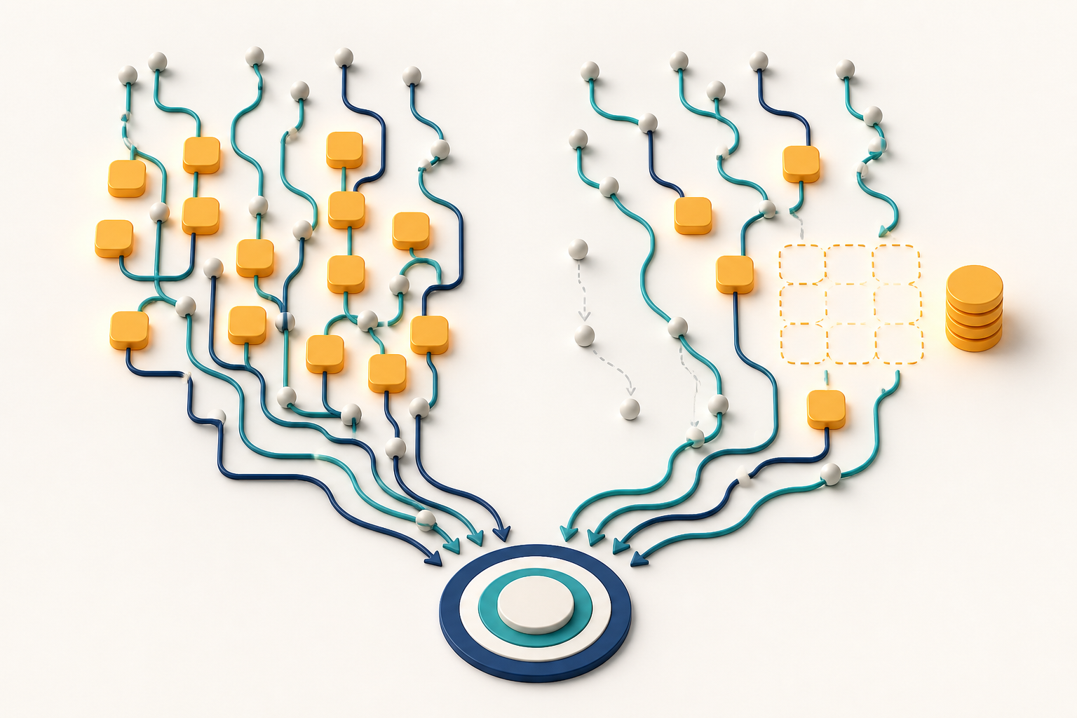Editorial illustration of customer paths before and during a controlled paid search pause, with some customers disappearing and others rerouting through organic and direct channels.