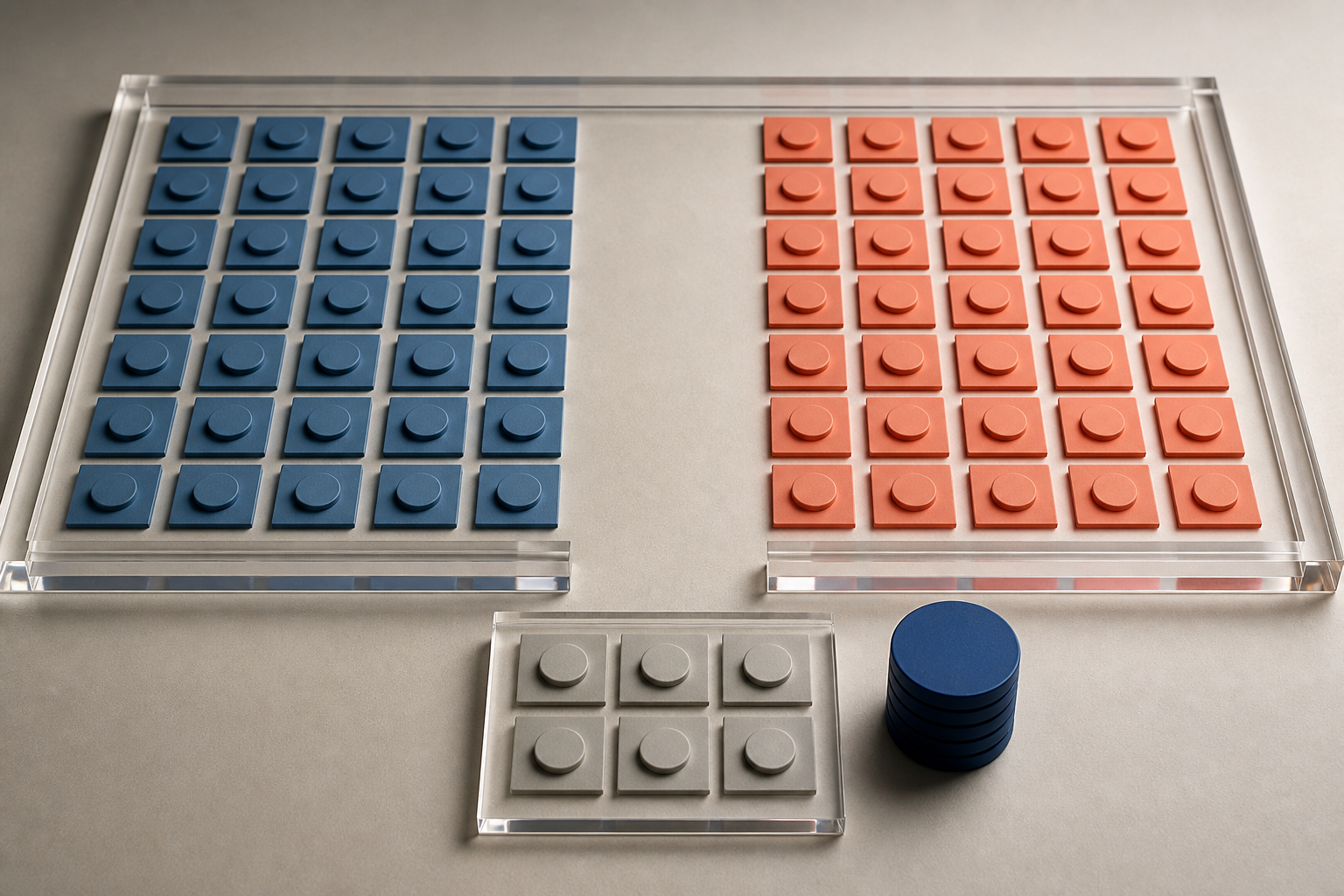 Matched groups of campaign tiles arranged for a controlled experiment, with one bounded set removed beside a stack of budget tokens.