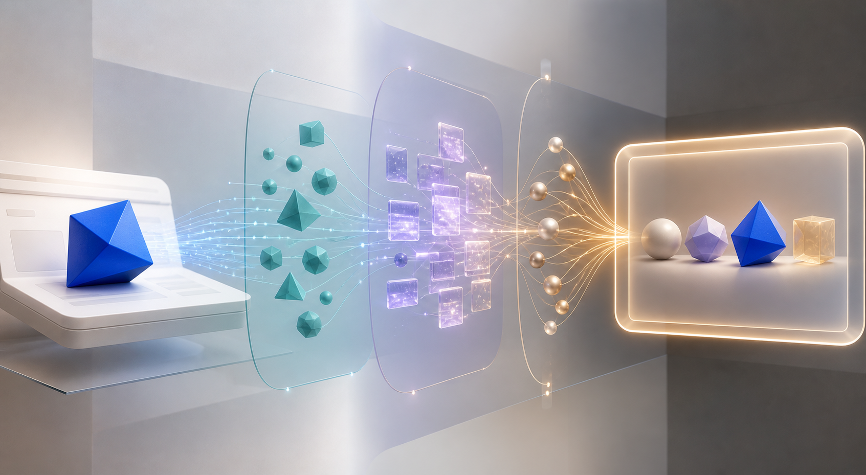 A blue geometric brand object passes through linked category, evidence, and source layers before appearing in a small illuminated group.