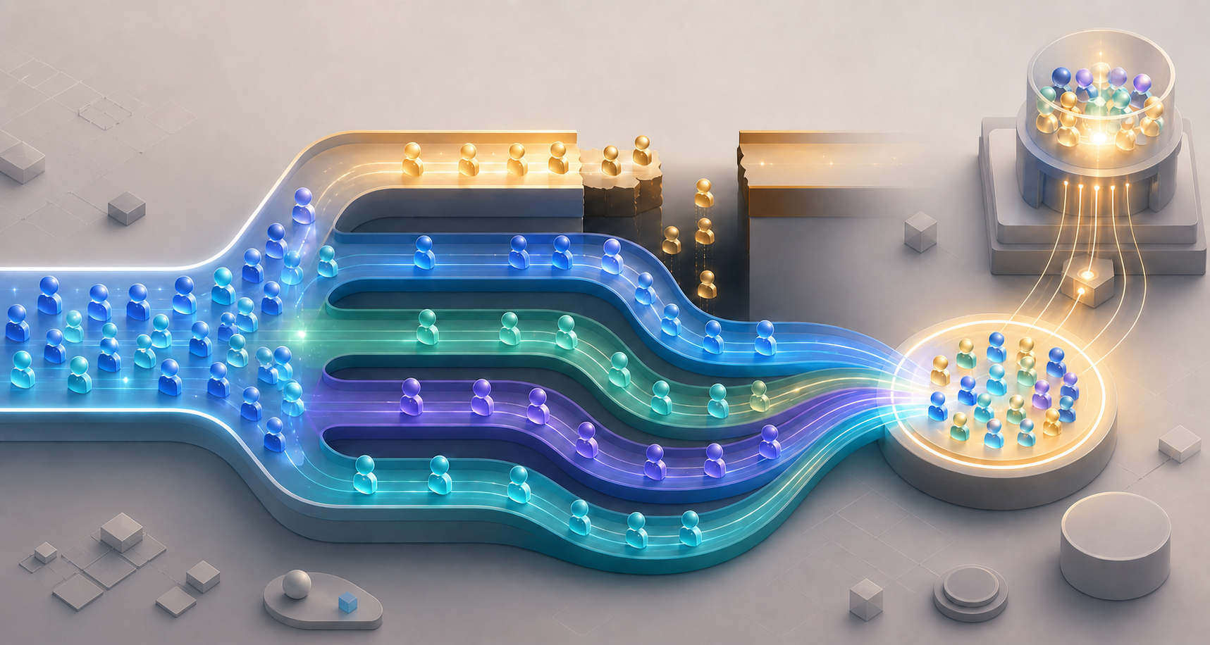 Customer tokens reroute from a paused paid channel into several other acquisition paths, while some demand disappears before reaching the shared sales destination.