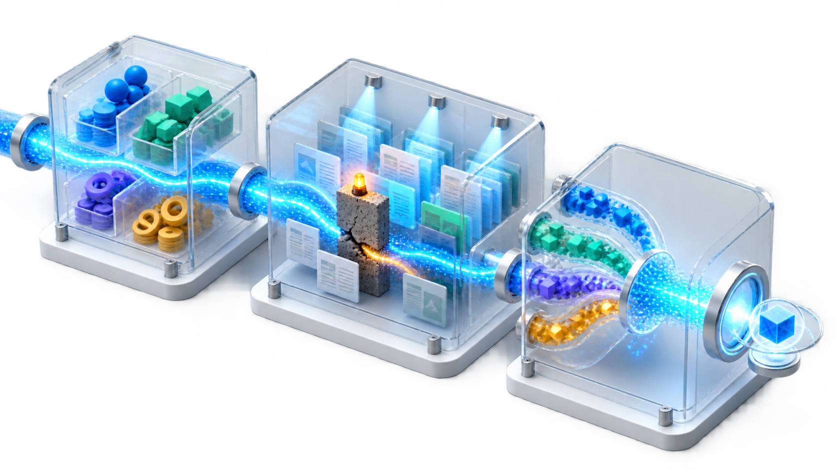 A glowing signal travels through three transparent chambers, with an obstruction visibly blocking one stage of the pipeline.