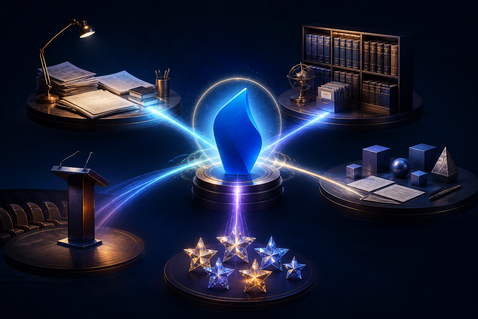 Independent editorial, reference, comparison, conference, and review sources send beams toward a central blue brand object.