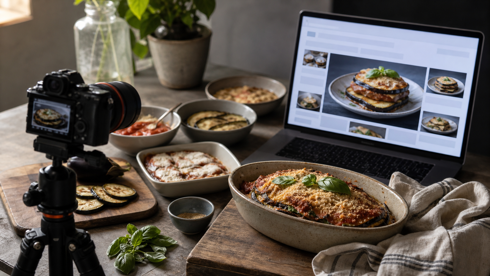 A camera photographs a homemade dish and its preparation stages beside a laptop showing an unbranded image-based search results page.