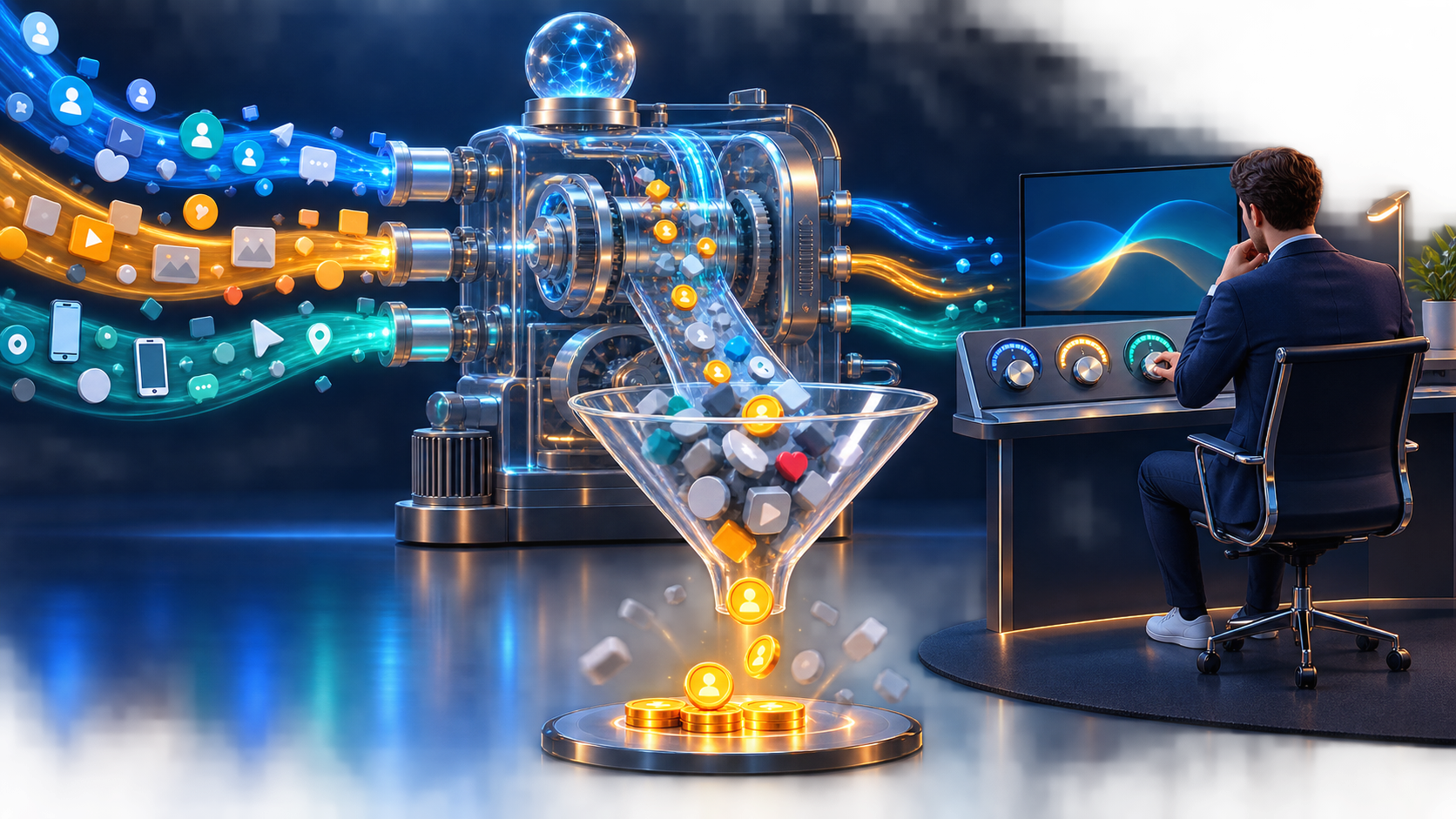 A strategist monitors an automated advertising control system as digital interactions move through a glass funnel and valuable outcomes emerge.
