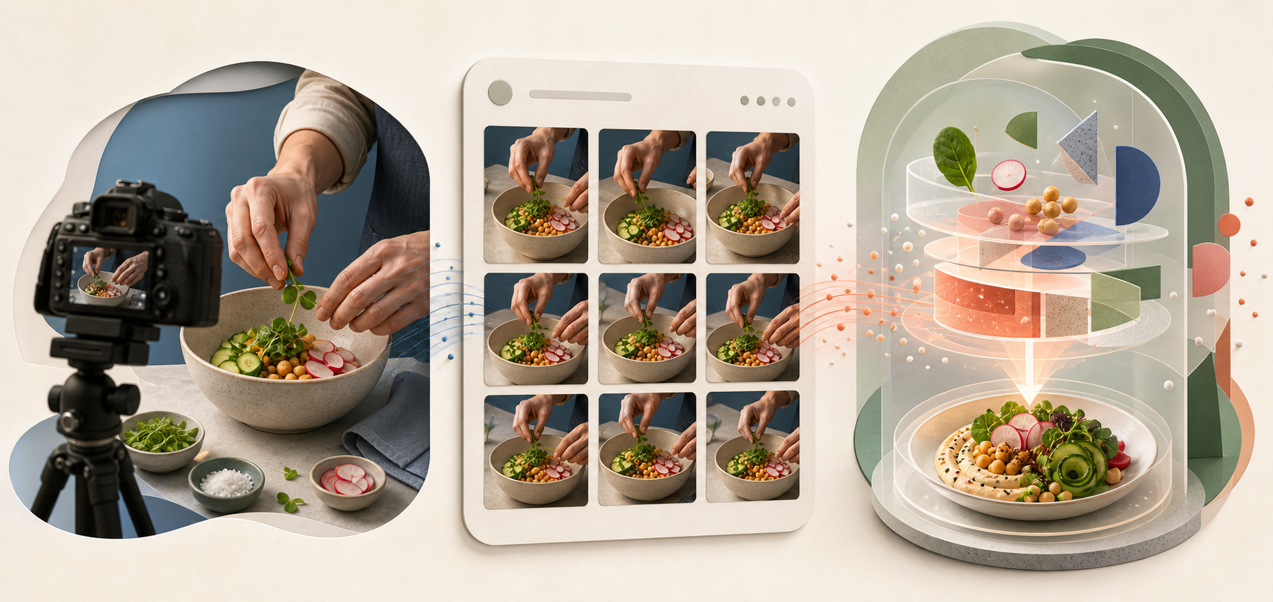 A three-part illustration shows an original cooking photograph, image thumbnails organized for search, and visual fragments forming a newly generated dish image.