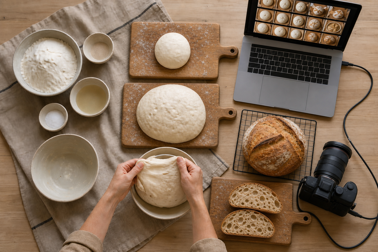 An overhead workspace shows a creator photographing measured ingredients, dough stages, and the interior of a finished loaf as a consistent visual sequence.