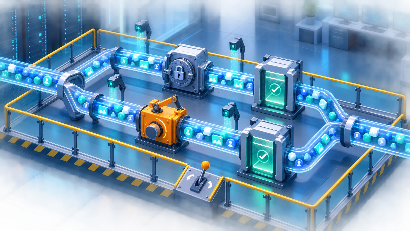 Two matching streams of digital signals pass through parallel test lanes, with one automated module adjusted while the other remains locked as a control.