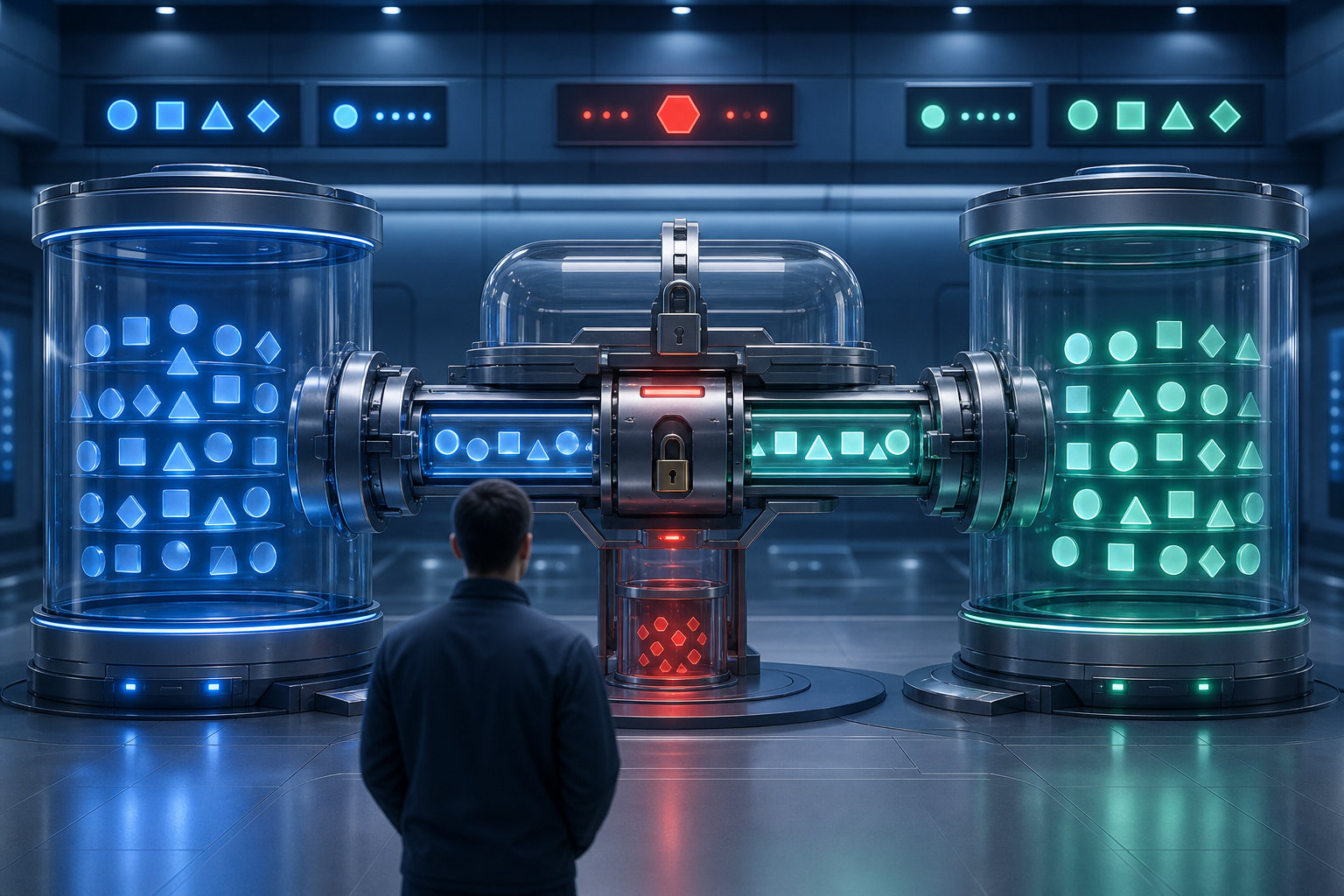 A technician monitors two audience-data containers connected by a guarded transfer system with a separate rollback reservoir.