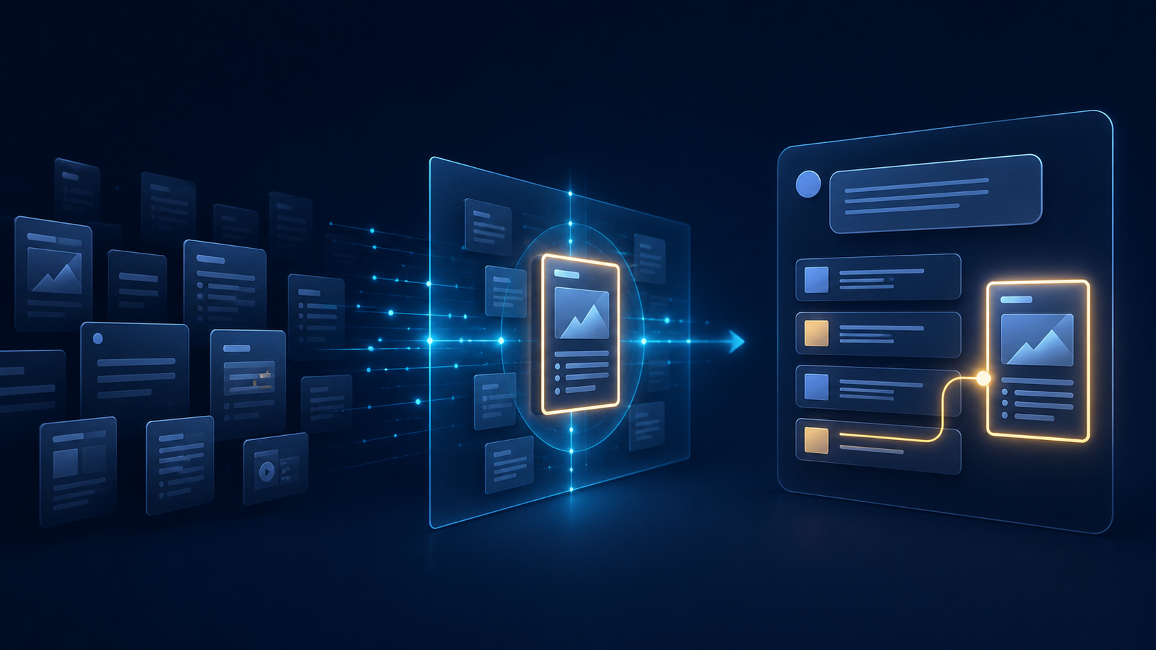 Abstract illustration of web pages passing through a retrieval layer into an AI answer connected to a selected source.