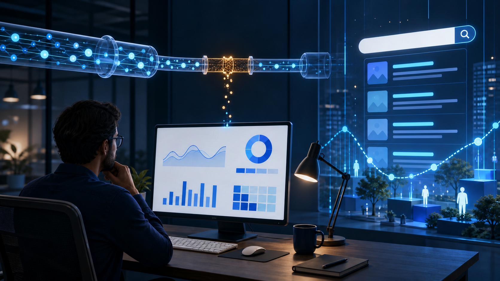 An analyst studies an unbranded search performance dashboard while a glowing measurement pipeline flickers, separate from a search-results system that remains active.