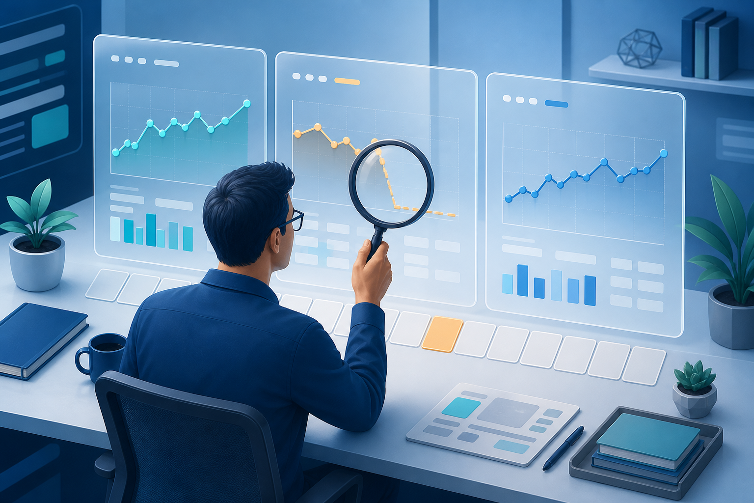 An analyst compares three abstract data panels, one with a disrupted signal and two with steady signals, beside a row of blank calendar tiles.
