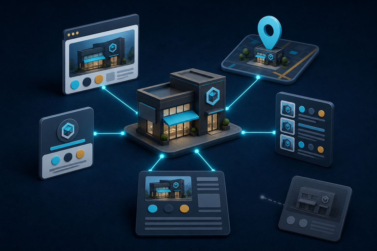A central unbranded business connected to matching website, location, profile, directory, and document cards.
