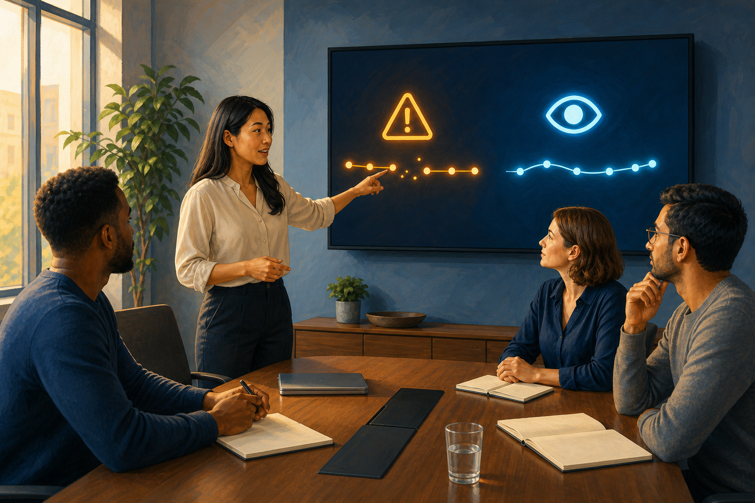 An analyst calmly briefs three colleagues using a display that shows a disrupted measurement stream beside a separate steady signal.