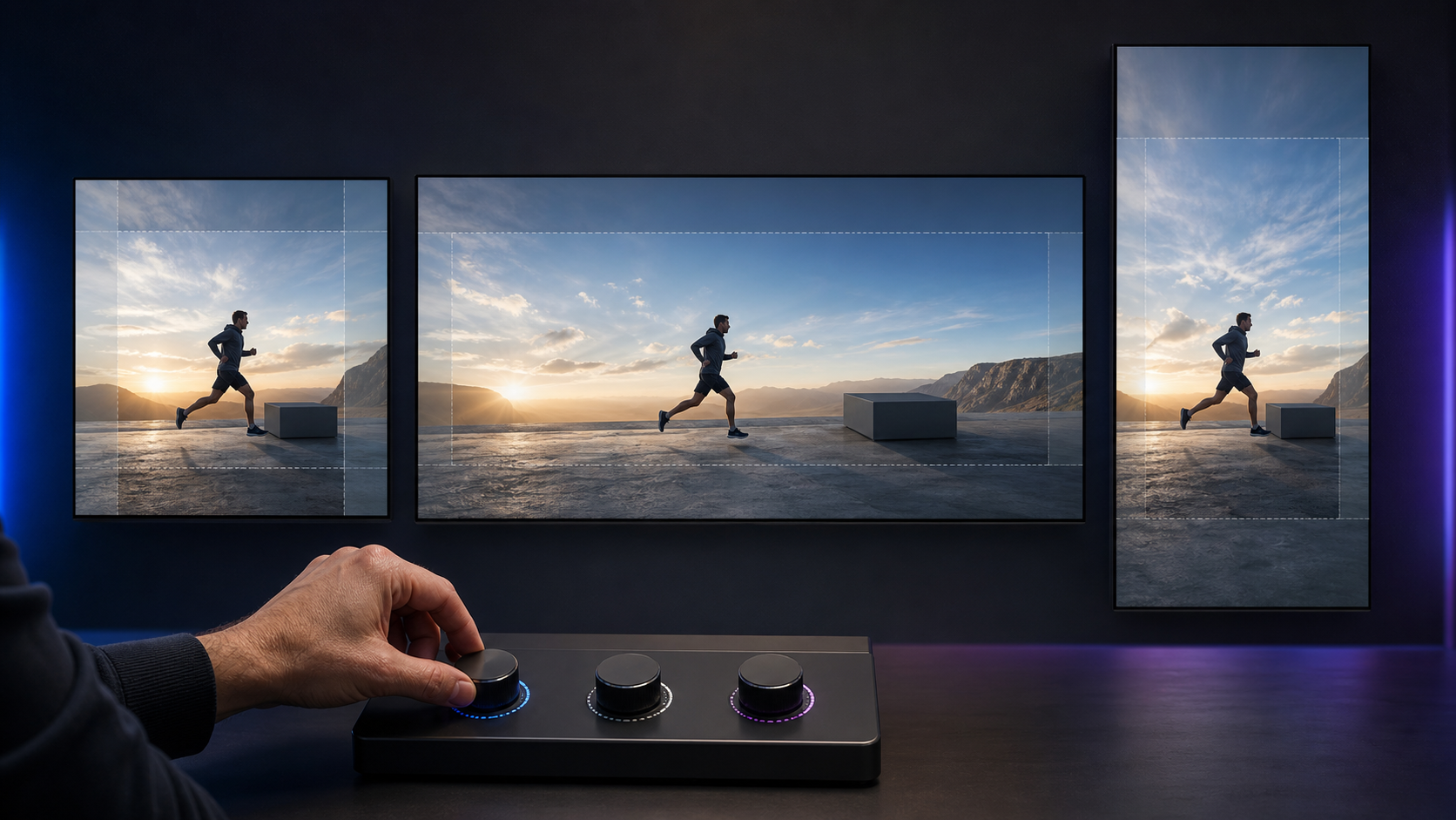 A creative director controls horizontal, square, and vertical versions of the same unbranded video scene on three studio displays.