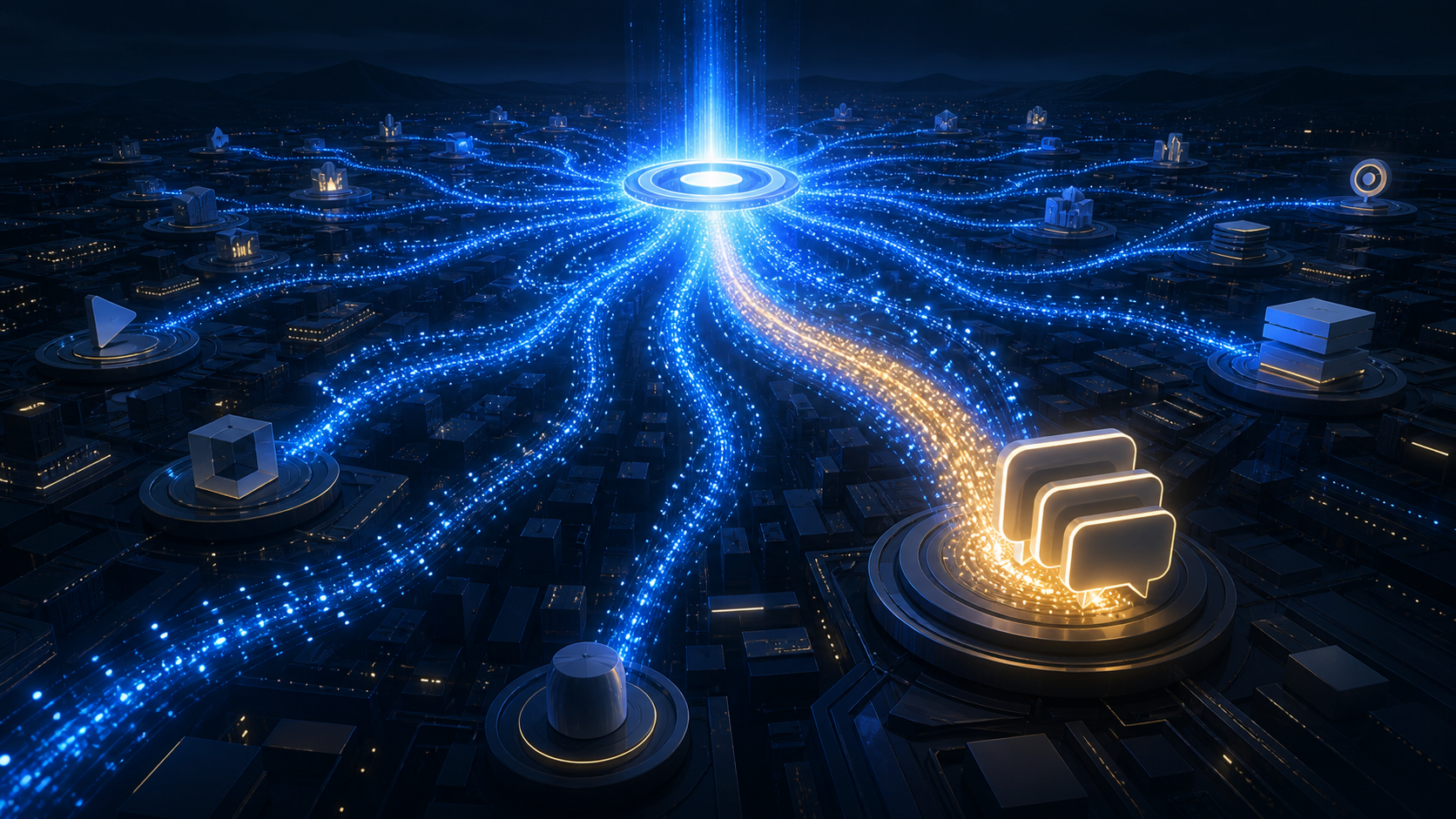 Abstract search gateway sends gold and blue light particles toward a conversational interface and many other web destinations.