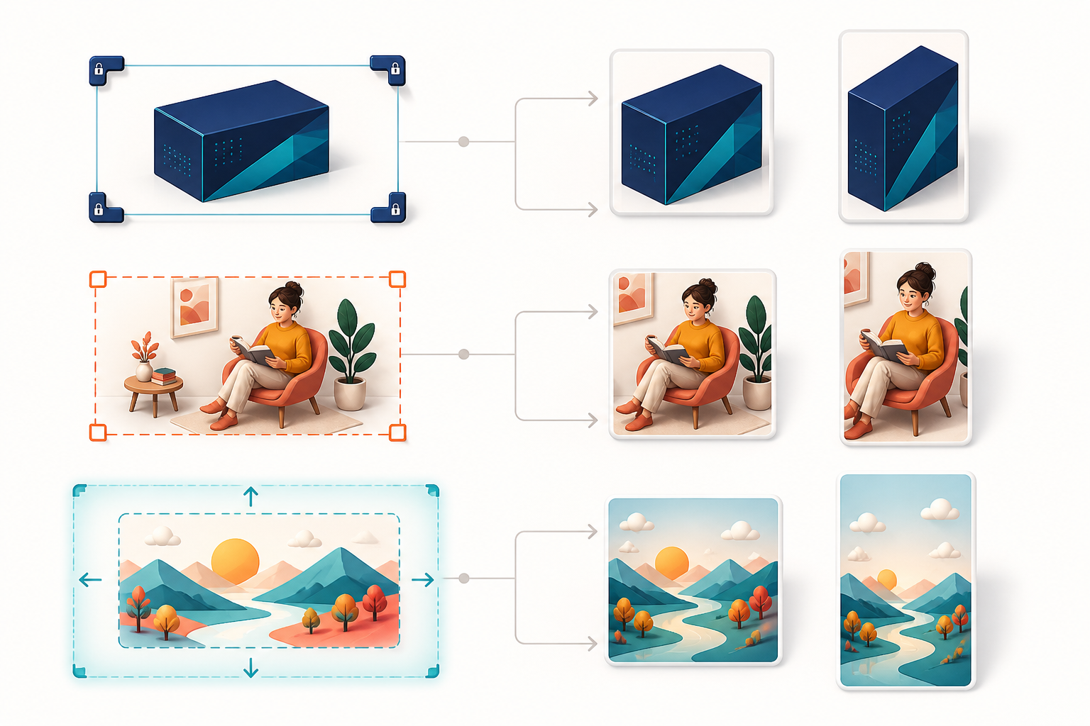 Three advertising assets have different protective boundaries and separate paths to square and vertical versions.