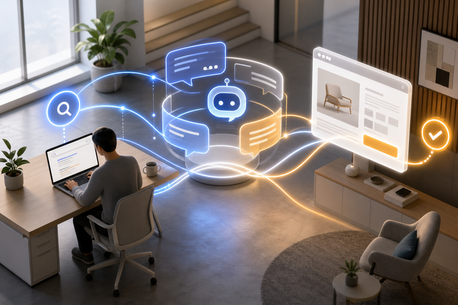 A person moves through generic search, conversational assistant, company website, and purchase stages linked by colored light trails.