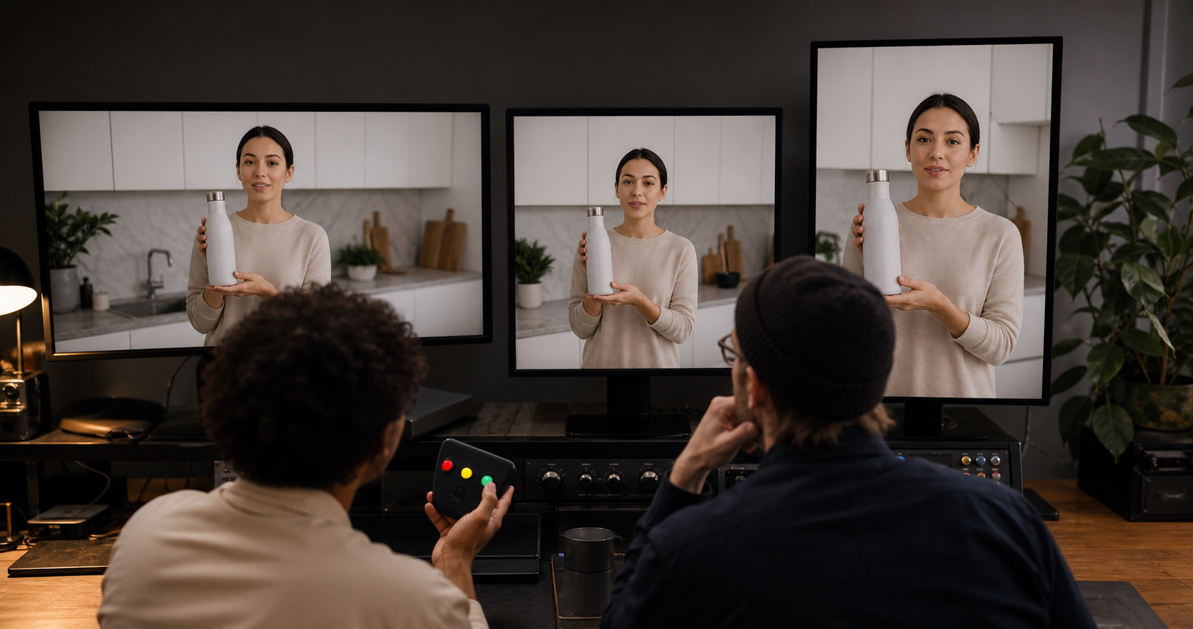 Two creative reviewers compare horizontal, square, and vertical versions of an unbranded kitchen video across three displays.