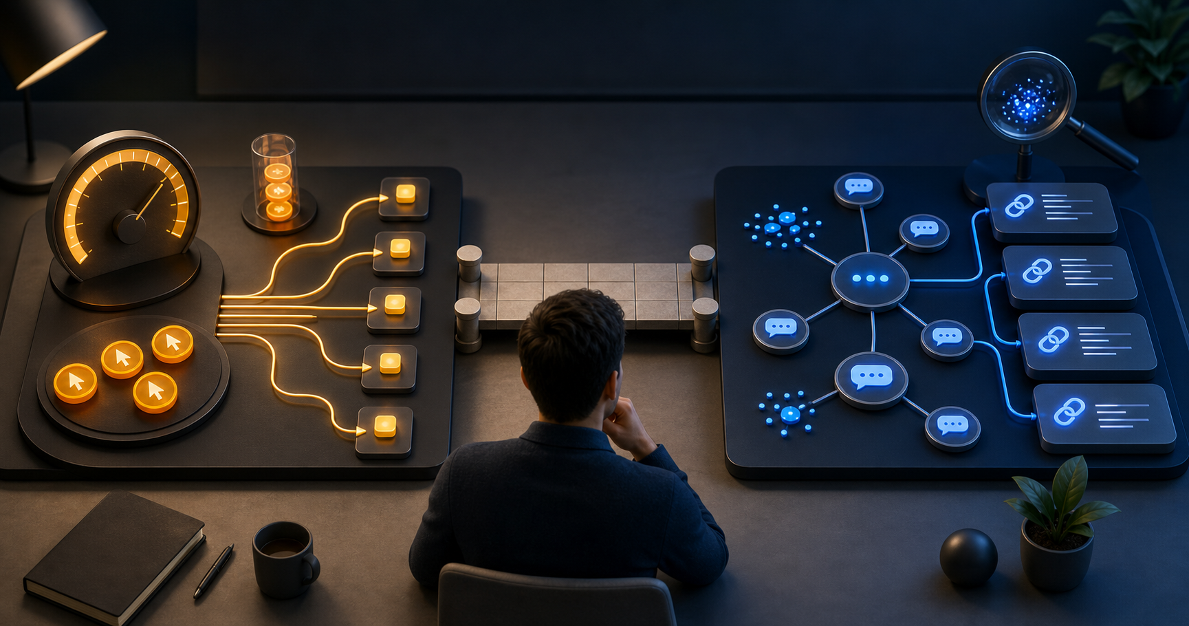 A marketing analyst compares separate amber paid-traffic instruments and blue AI-visibility instruments at a modern desk.
