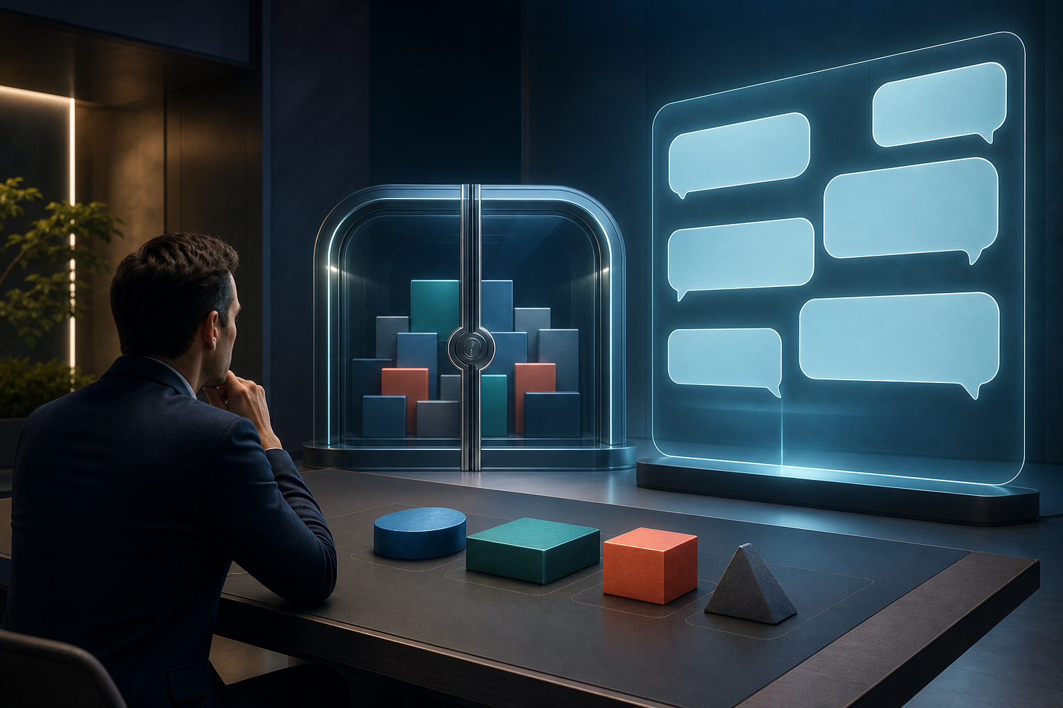 A strategist evaluates colored planning tokens beside a glowing conversational interface and a controlled gateway holding advertising tiles.