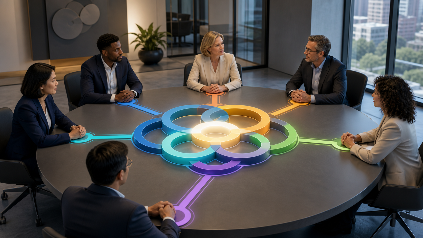 Executives from several business functions sit around a circular table with colored pathways converging on an illuminated central decision hub.