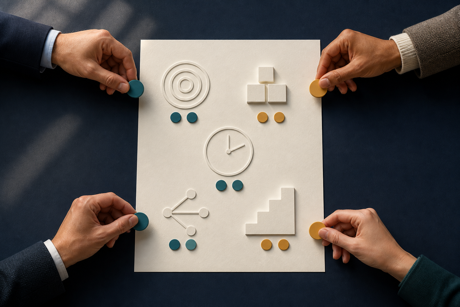 Several leaders place colored tokens around a single sheet displaying unlabeled symbols for a target, resources, time, risk, and growth.