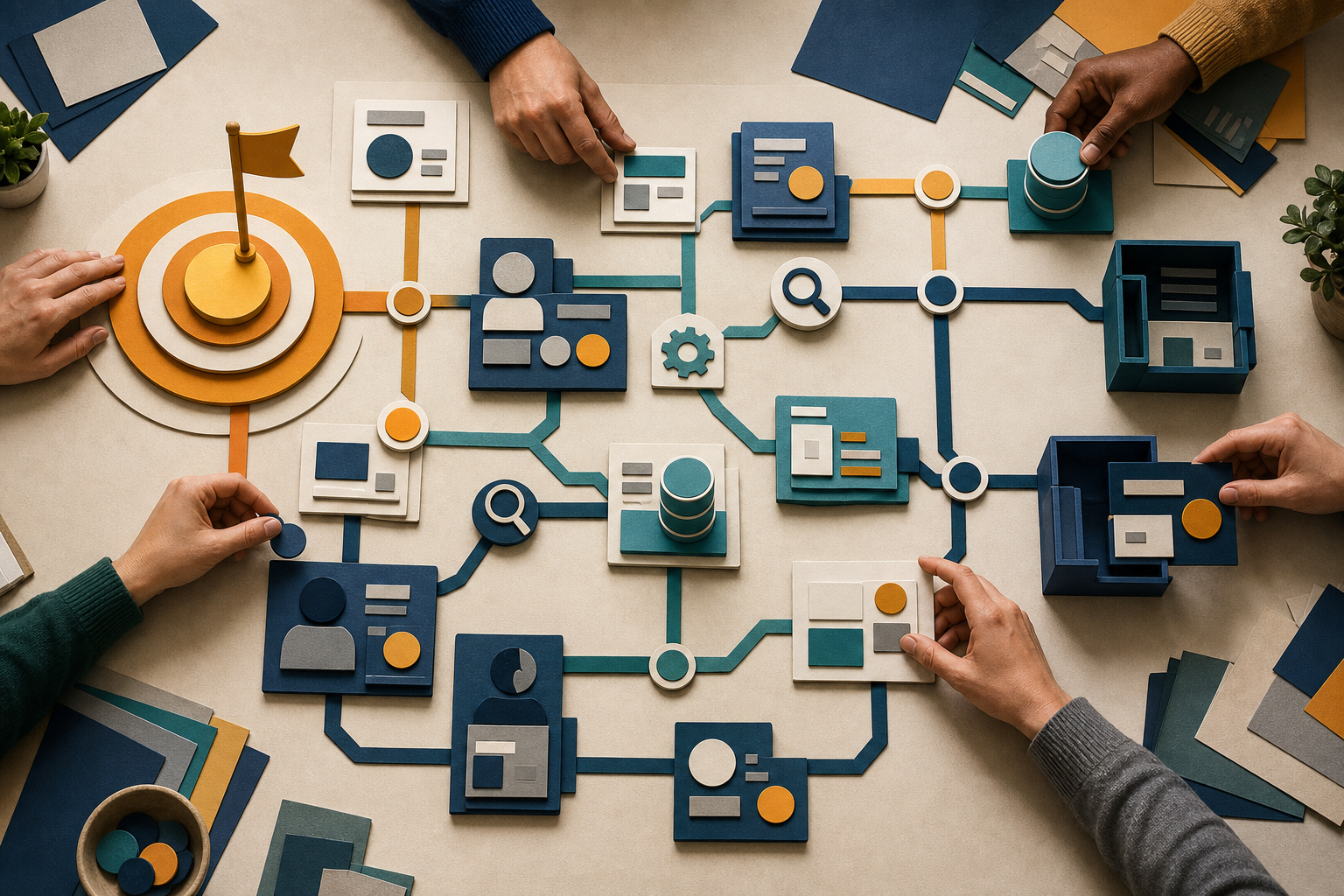 A team examines a tabletop workflow map connecting content, analytics, technical review, and publishing tasks.