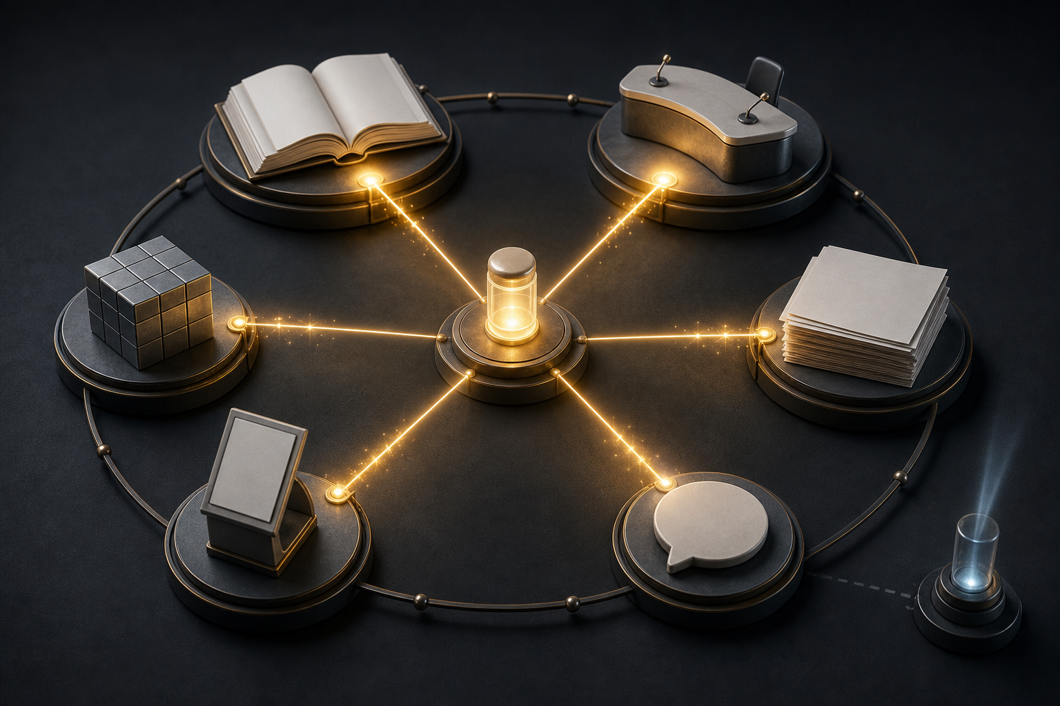 A central product object is linked to independent reference, news, research, review, trade publication, and database sources in a circular evidence network.