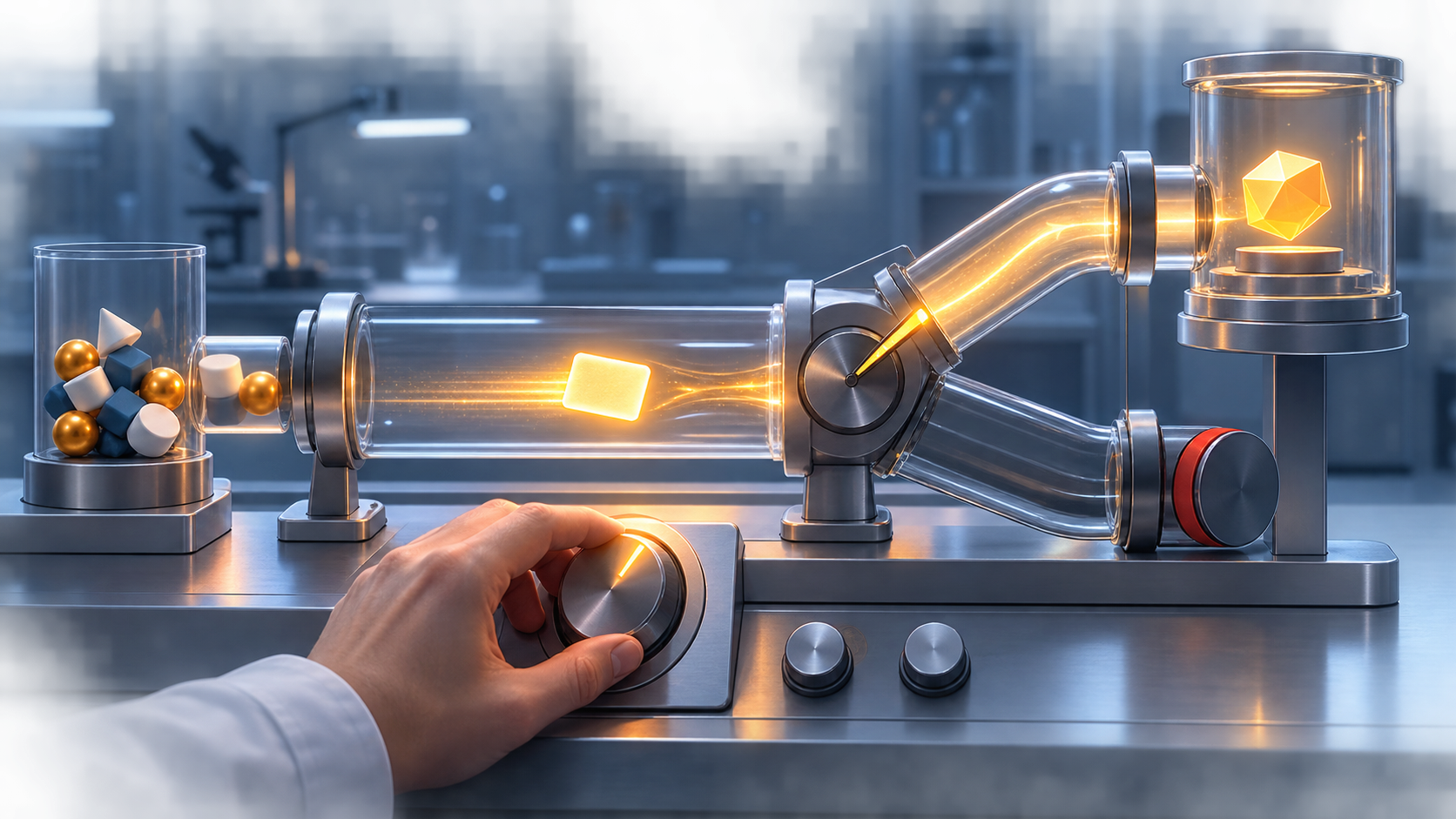 A hand adjusts one control on a transparent testing chamber as a single campaign tile moves toward two possible outcomes.