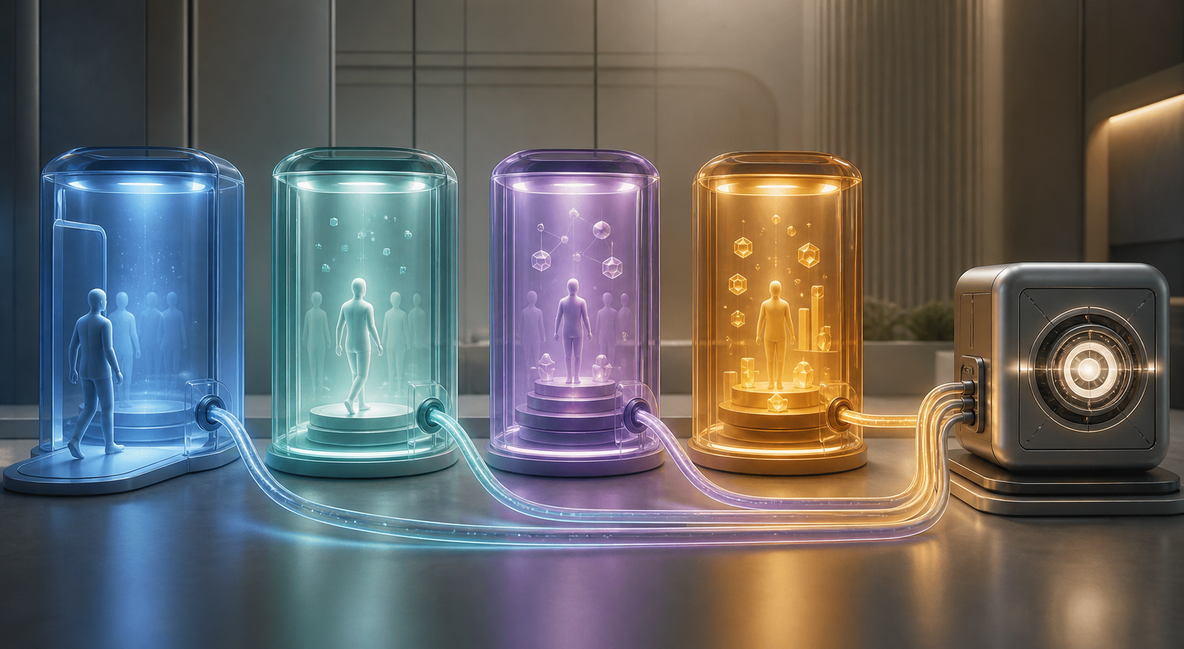 Anonymous customer figures are sorted into separate lifecycle chambers before individual signal cables connect them to an automated decision engine.