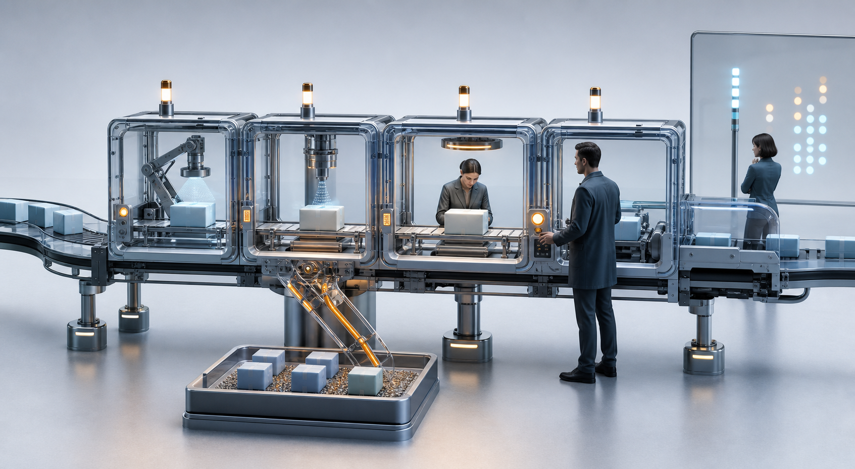 A controlled pipeline routes digital work through automated checks, human review, and a final release gate.
