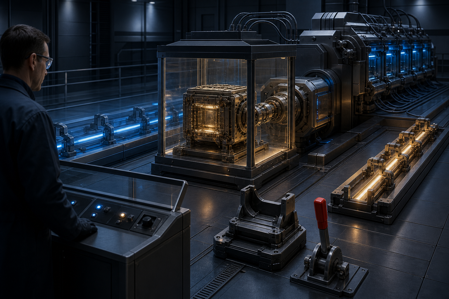 An analyst monitors a removable experimental module connected to a campaign machine beside separate control and test pathways.
