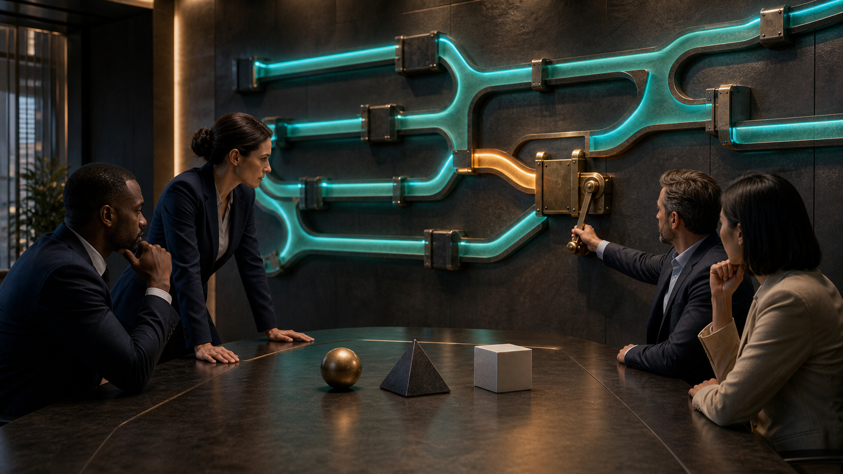 Four executives examine an amber blocked pathway among several flowing teal routes while one leader reaches for a control lever.