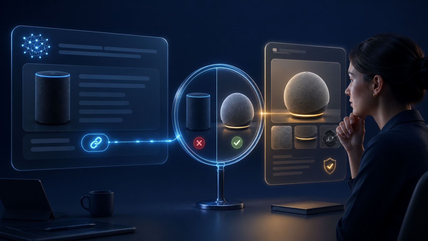 A human evaluator uses a transparent verification lens to compare an AI answer, its citation link, and the product evidence at the cited source.