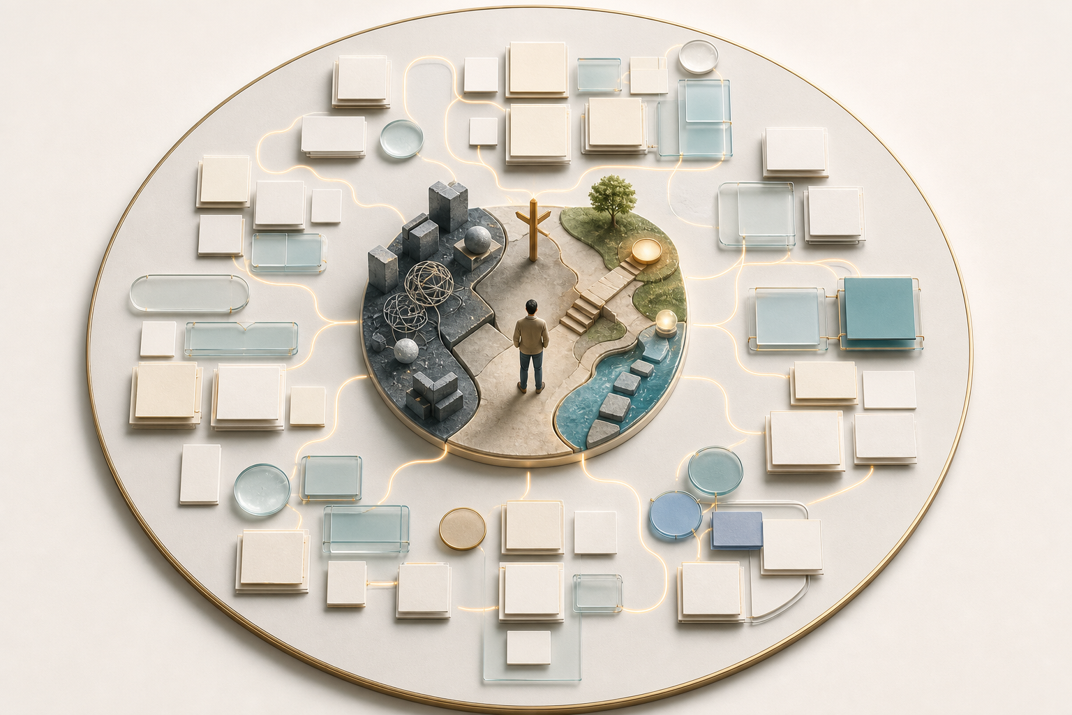 An overhead strategy table shows blank tiles and glowing connections arranged around a three-dimensional problem-solving scene.