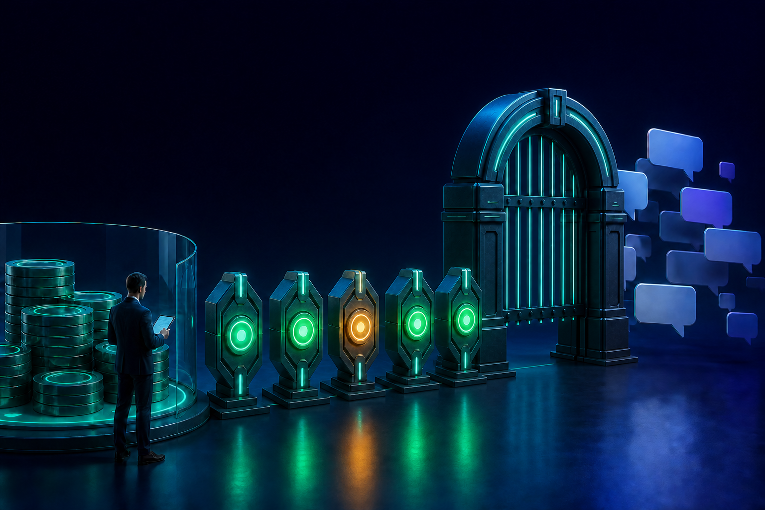 A strategist waits beside budget tokens while an amber checkpoint keeps a multi-stage gate partly closed before a field of blank message shapes.