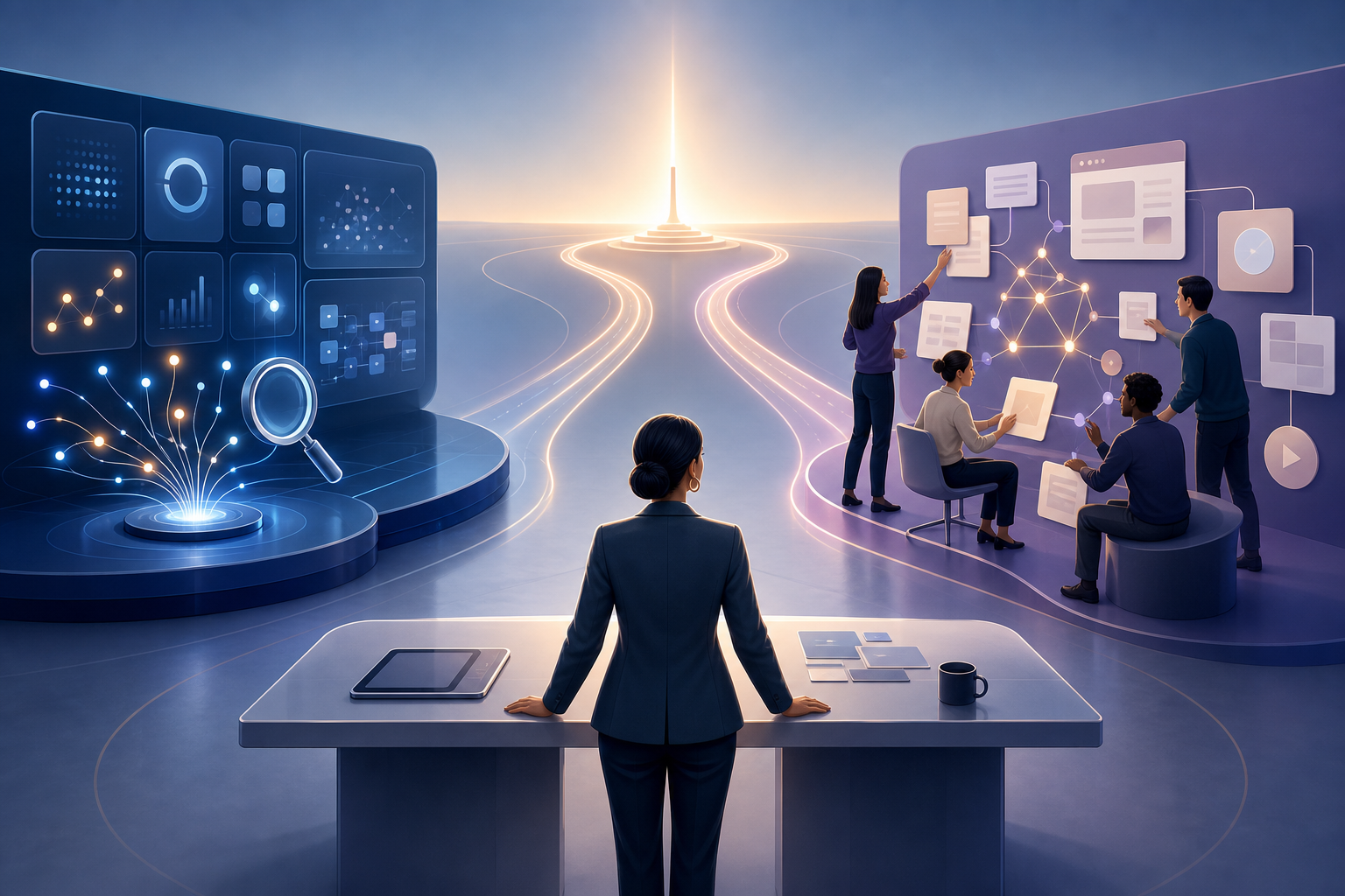 A marketing leader considers a monitoring console on one side and a working specialist team on the other, with both paths leading toward an illuminated brand beacon.